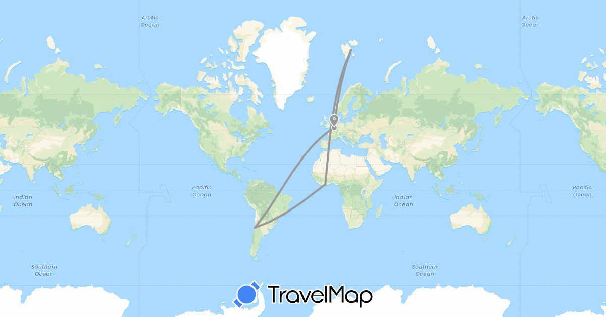 TravelMap itinerary: driving, plane in Belgium, Côte d'Ivoire, Chile, Norway (Africa, Europe, South America)